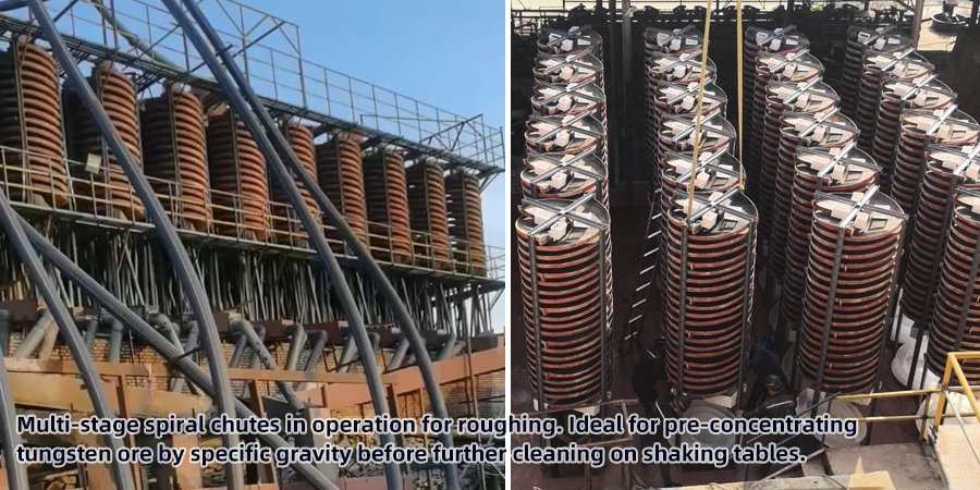 Multi-stage-spiral-chutes-in-operation-for-roughing.-Ideal-for-pre-concentrating-tungsten-ore-by-specific-gravity-before-further-cleaning-on-shaking-tables.