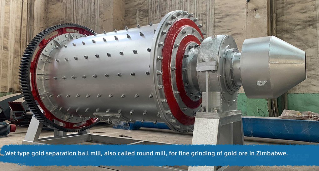 Wet type gold separation ball mill, also called round mill, for fine grinding of gold ore in Zimbabwe.