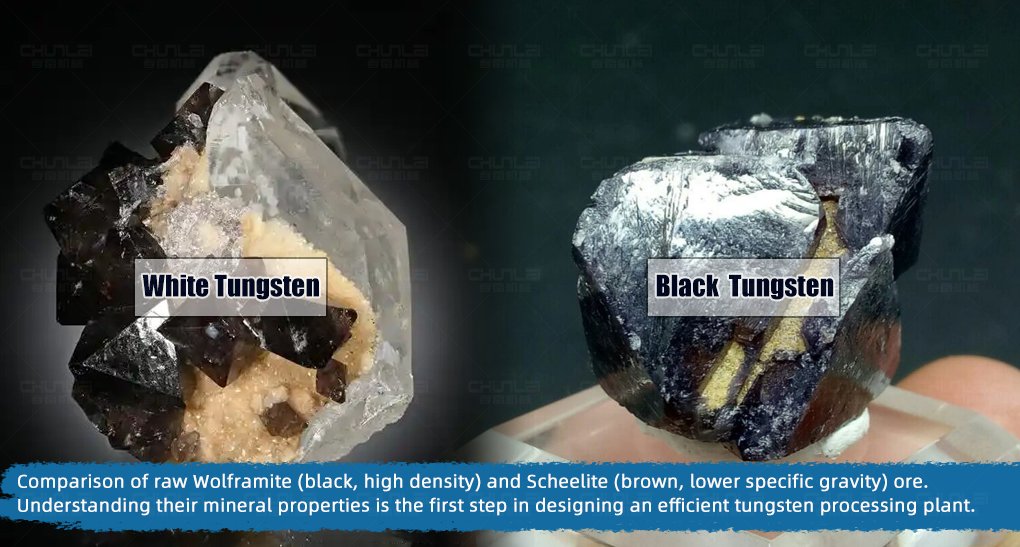 mining-banner_comparison-of-raw-Wolframite-(black,-high-density)-and-Scheelite-(brown,-lower-specific-gravity)-ore