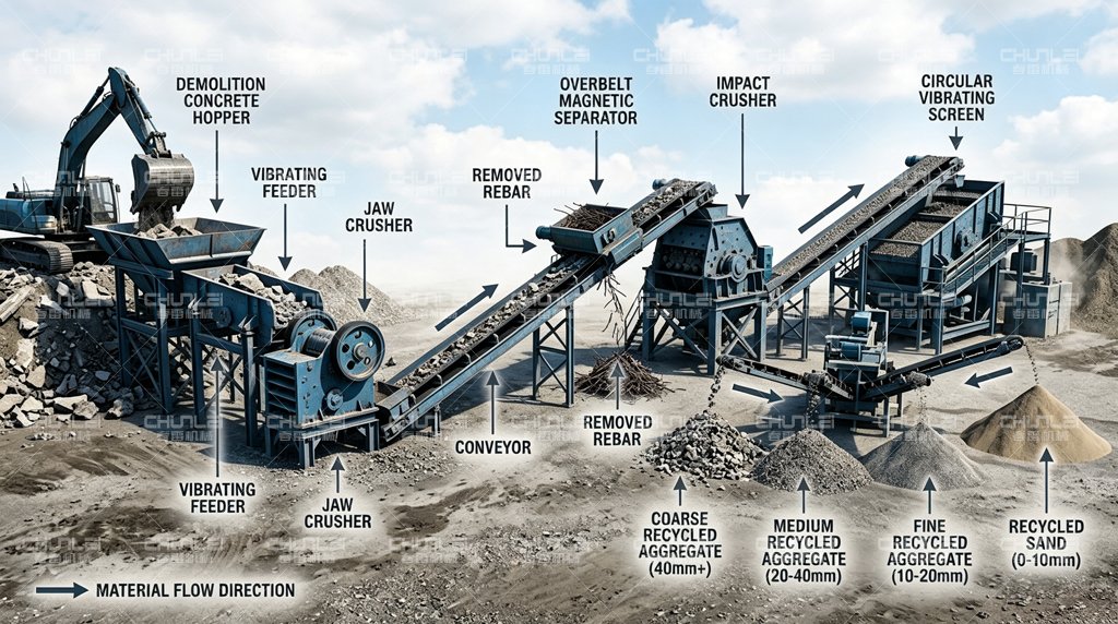Concrete-recycling-process-with-jaw-crusher-impact-crusher-magnetic-separator-and-vibrating-screen